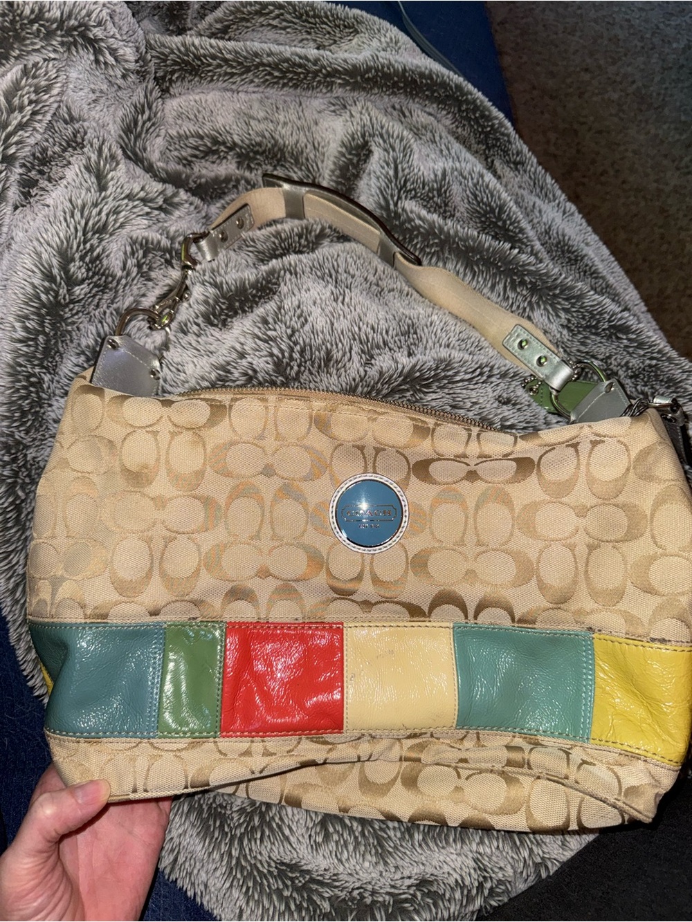 Coach Beige Signature Shoulder Bag with Multicolor Patch Trim